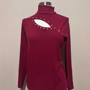 INC International Concepts Wine Long Sleeve Top with Gold Studs